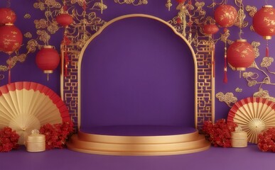 Wall Mural - Purple background, golden arch, red lanterns, Chinese New Year decorations, product display.