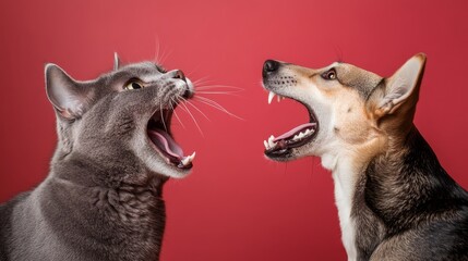 A funny moment of a cat and dog snarling at each other with playful intent on a radiant red background