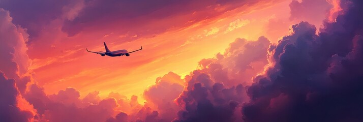 Poster - Airplane soaring through colorful sunset clouds over the horizon in a vibrant sky. Generative AI