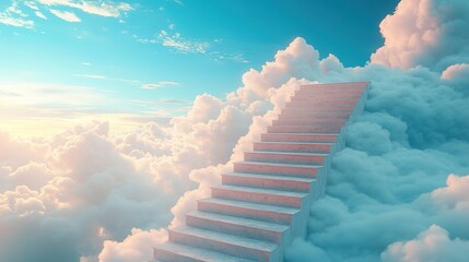 Ascending stairs in a dreamy cloudscape ethereal location digital art sky environment wide-angle view ascension concept