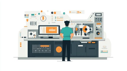 Man operating industrial machinery with a computer interface.