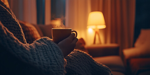 Wall Mural - Woman having a cup of tea of coffee on cozy dark living room. Charming evening at home.