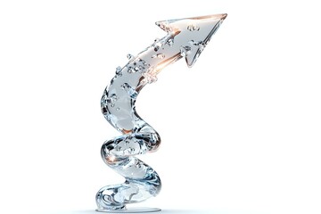 Spiral arrow made of clear liquid water with splashes, twisting upward in dynamic motion against white background, isolated design element for business growth concepts.