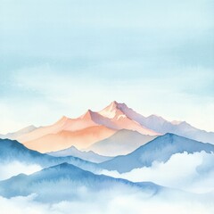 Aufkleber - Majestic watercolor mountains under a soft sky at dawn with gentle hues of blue and orange blending beautifully. Generative AI