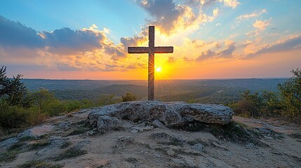 Canvas Print - Sunset Cross Hilltop Landscape Faith Hope