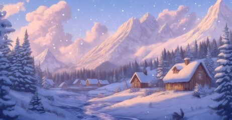 Wall Mural - Snowy village nestled in a mountain valley at sunset.