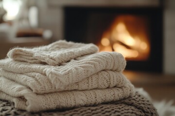 Poster - Cozy knitted blankets stacked in front of a warm fireplace creating a comfortable atmosphere indoors. Generative AI
