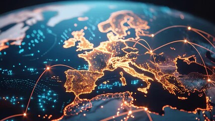 Wall Mural - digital globe rotation, europe network link, finance telecommunication connectivity, business tradin