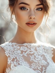 Poster - Close up view of delicate lace detailing on a stunning white wedding dress with a blank area for personalization. Generative AI