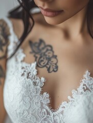Poster - Delicate lace details on a white wedding dress with elegant floral patterns. Generative AI