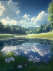 Wall Mural - Serene lake reflecting sky, lush greenery, white water lilies.