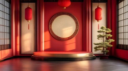 Wall Mural - Red room with platform, lanterns, bonsai tree, and circular frame.