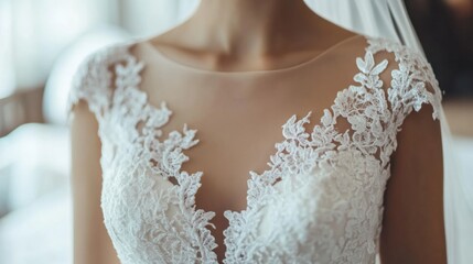 Poster - Close up of intricate lace details on a white wedding dress, perfect for showcasing bridal elegance and fashion style. Generative AI