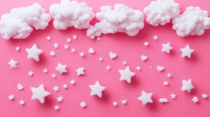 Wall Mural - White clouds and stars on pink background.