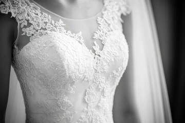 Poster - Close up of intricate lace details on a beautiful white wedding dress with space for personal messages. Generative AI