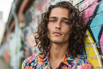 Wall Mural - A young Caucasian male with curly hair poses confidently against a vibrant graffiti wall. Curly Urban Vibe, Bold Style