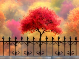 Wall Mural - Single red tree behind ornate fence in autumnal landscape.