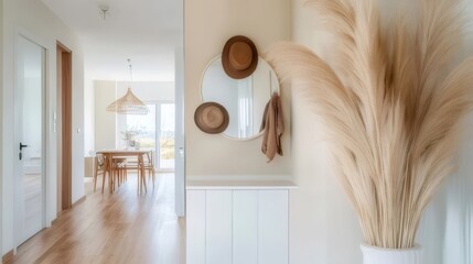 Canvas Print - Minimalist hallway interior design with pampas grass, mirror, hats, and wooden furniture.