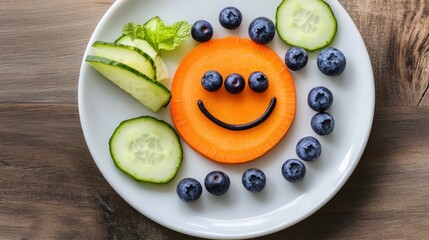 Wall Mural - Happy face made with carrot, blueberries, and cucumber on a white plate