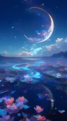 Canvas Print - Magical crescent moon over a serene, bioluminescent lake at night, with floating petals and a dreamy atmosphere.