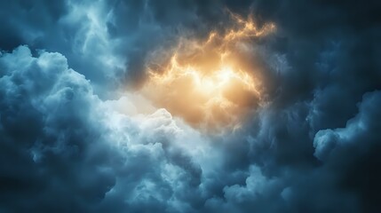 Dramatic stormy sky with dark blue clouds and bright golden sunlight breaking through, creating atmospheric contrast and moody celestial scene.