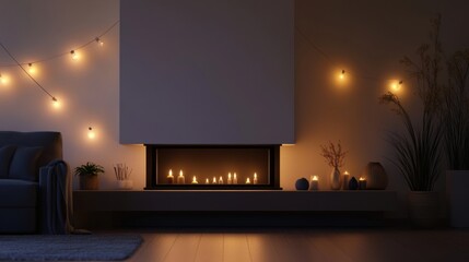 Aufkleber - Cozy evening setting with candles illuminating a modern living room in warm tones. Generative AI