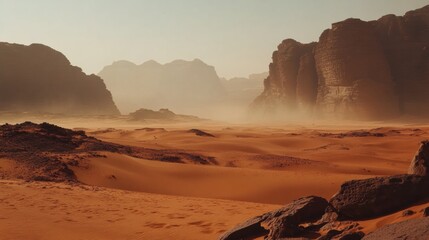 Fototapete - Majestic desert landscape with rocky formations and hazy mountains in the distance during golden hour. Generative AI