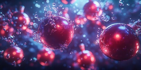 Wall Mural - Floating red spheres in a vibrant underwater scene with bubbles and light reflections