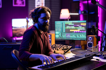 Leinwandbilder - Skilled musician artist playing piano synthesizer notes for audio recording session, working in musical post production. Talented singer editing songs and adding sound effects in home studio.