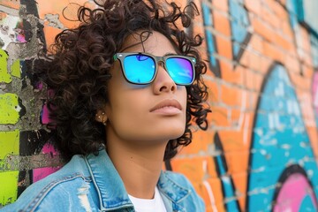 Wall Mural - A young woman with curly hair wearing sunglasses stands against a vibrant graffiti wall, exuding confidence and style. Urban Trendsetter, Edgy Urban