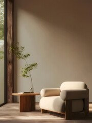 Wall Mural - Calm minimalist living room interior with armchair and side table.