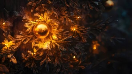 Wall Mural - Festive golden ornament on frosted winter foliage with warm lights.