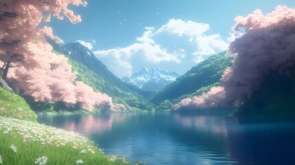 Wall Mural - Serene lake nestled in a blossoming valley, mountains in background.