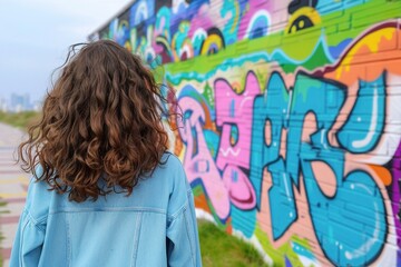 Wall Mural - A girl with curly hair, wearing a denim jacket, stands in front of vibrant graffiti art, creating a colorful urban atmosphere. Urban Trendsetter, Edgy Urban