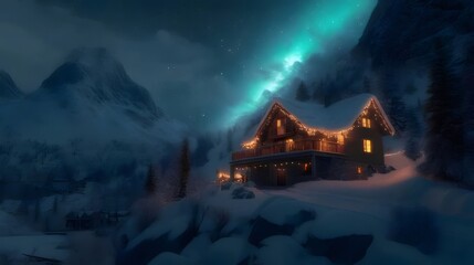 Wall Mural - Cozy cabin nestled in snowy mountains under aurora borealis. (1)