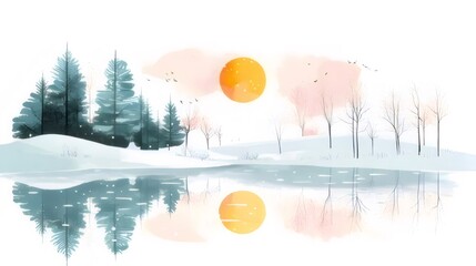 Wall Mural - Winter landscape with lake reflection, trees, and sun.