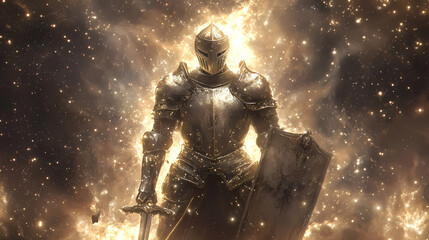 Poster - Glittering silver armor with shining sword and shield, surrounded by soft golden light, symbolizing faith, protection, and spiritual strength in a serene atmosphere. Nebula-Infused Armor. Illustration