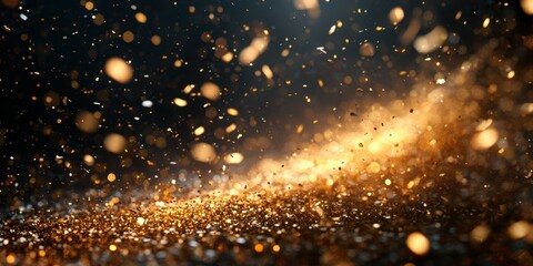 Wall Mural - Golden particles swirl through the air, creating a shimmering effect in a dark environment during a festive celebration