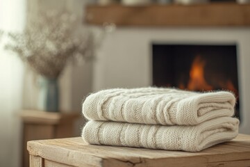 Poster - Cozy living room with neatly folded cream towels on a wooden table near a warm fireplace in a relaxing setting. Generative AI