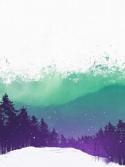 Poster - Colorful winter landscape displaying snow covered ground and colorful aurora borealis glow over mountain range. Generative AI