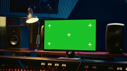 Fototapete - Control room with greenscreen running on computer next to buttons and sliders, multiple controls and switchers on panel board mixing console. Empty professional studio with stereo gear. Camera B.