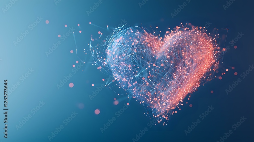 Glowing heart shape formed by connected particles and dots in pink and ...