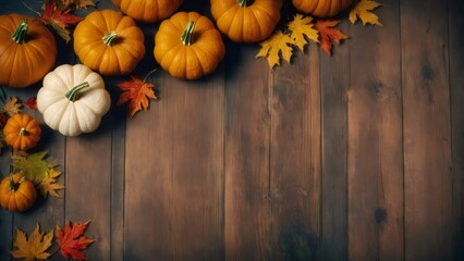 Wall Mural - Autumn pumpkins and maple leaves on rustic wood.