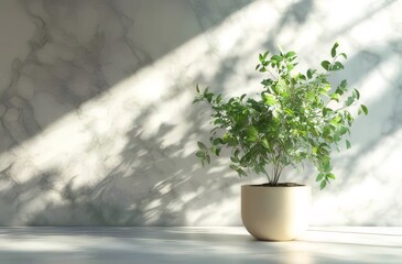 Wall Mural - Potted plant in sunlight against marble wall.