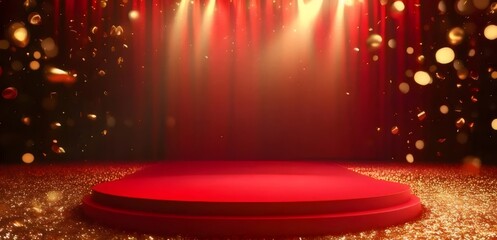 Wall Mural - Red stage with gold confetti and spotlights.