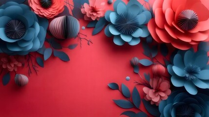 Wall Mural - Red background with blue and pink paper flowers.