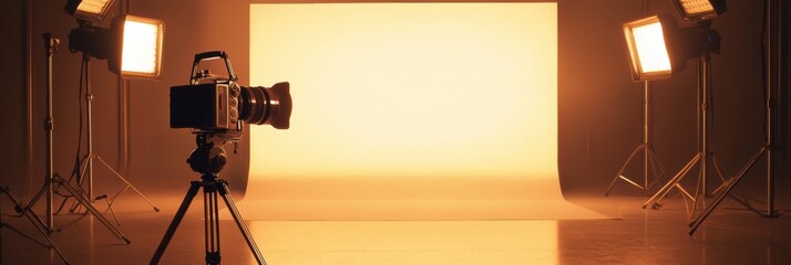 Poster - Studio setup with a camera and lighting equipment for a photography session in a warm ambiance. Generative AI