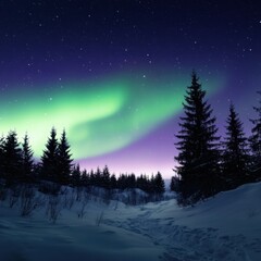 Leinwandbilder - Majestic northern lights illuminate a winter landscape with snow covered trees in a serene night sky. Generative AI
