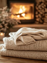 Poster - Cozy knitted sweaters stacked next to a warm fireplace with a flower arrangement in a tranquil indoor setting. Generative AI