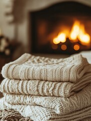 Poster - Cozy knitted blankets stacked near a warm fireplace during a winter evening gathering. Generative AI